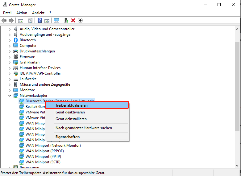 In Geräte-Manager klicken Sie mit der rechten Maustaste auf Ihren Netzwerkadapter-Treiber und wählen Sie Treiber aktualisieren.