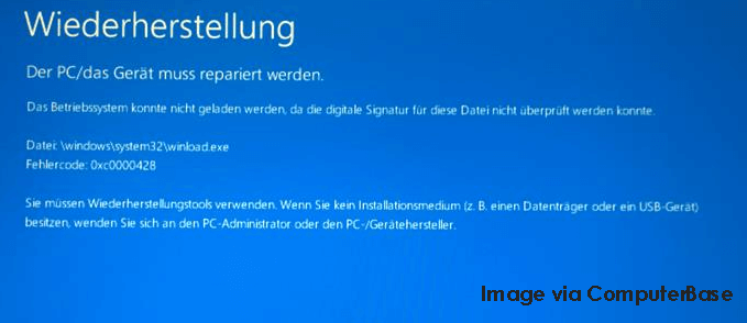 Vollständige Fehlermeldung beim Windows 10-Fehlercode 0XC0000428.