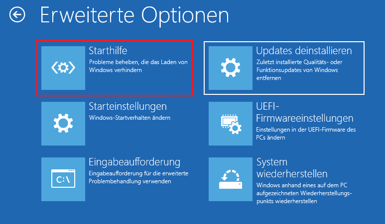 Auswahl der Option Starthilfe auf dem Fenster Erweiterte Optionen unter Windows 10.