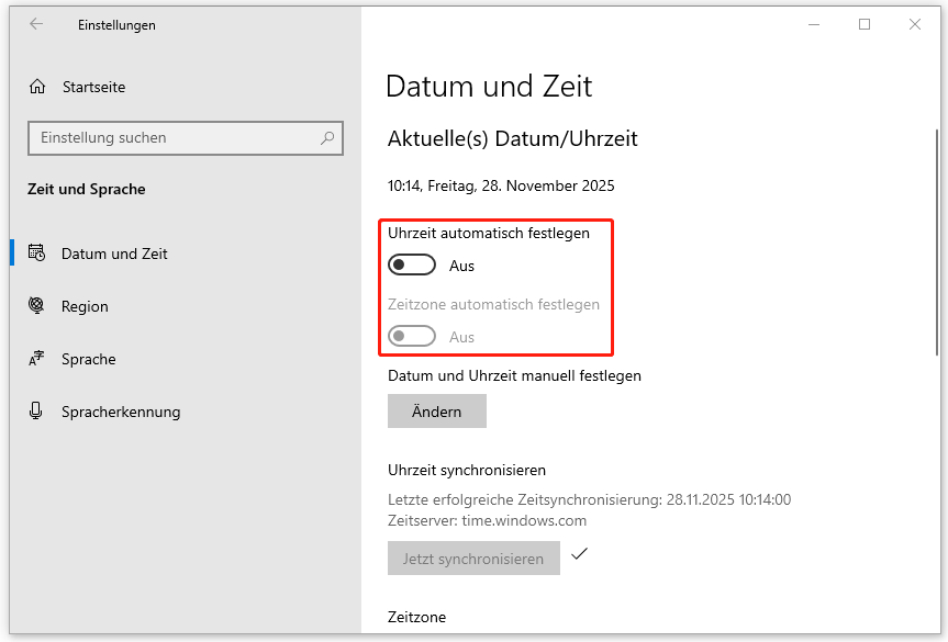 Markierung der Optionen Uhrzeit und Zeitzone automatisch festlegen in den Windows-Einstellungen.
