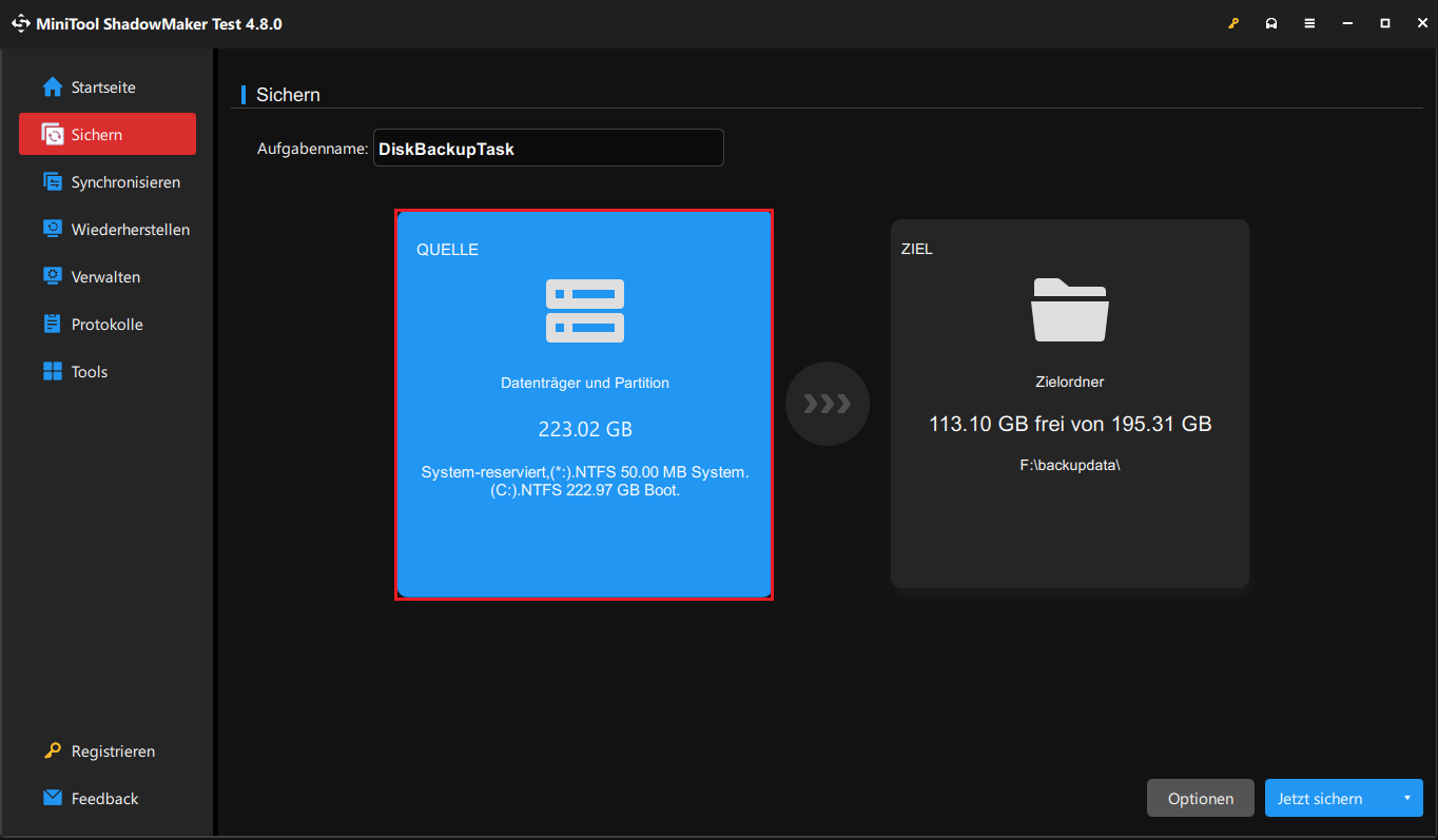 Hervorhebung des Quellebereichs in MiniTool ShadowMaker.