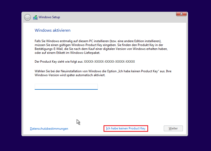 Markierung der Option Ich habe keinen Product Key beim Windows Setup.