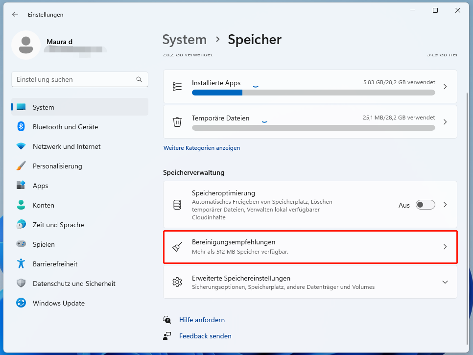 Markierung der Option Bereinigungsempfehlungen in den Windows 11-Einstellungen.