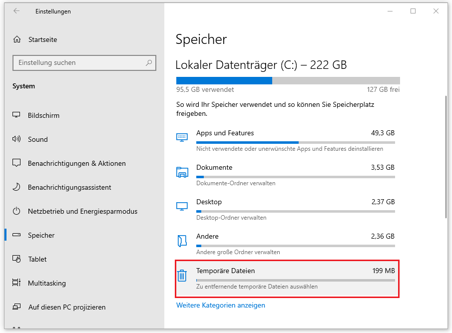 Auswahl der Option Temporäre Dateien in den Windows 10-Einstellungen.