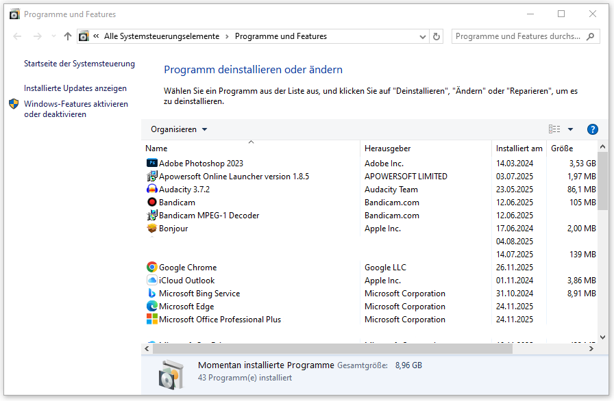 Ein Screenshot über das Fenster Programme und Features in Windows 10.