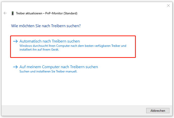 Markierung der Option Automatisch nach Treibern suchen zur Treiberaktualisierung.