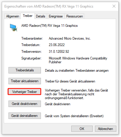 Markierung der Schaltfläche Vorheriger Treiber zum Zurücksetzen des Gerätetreibers.