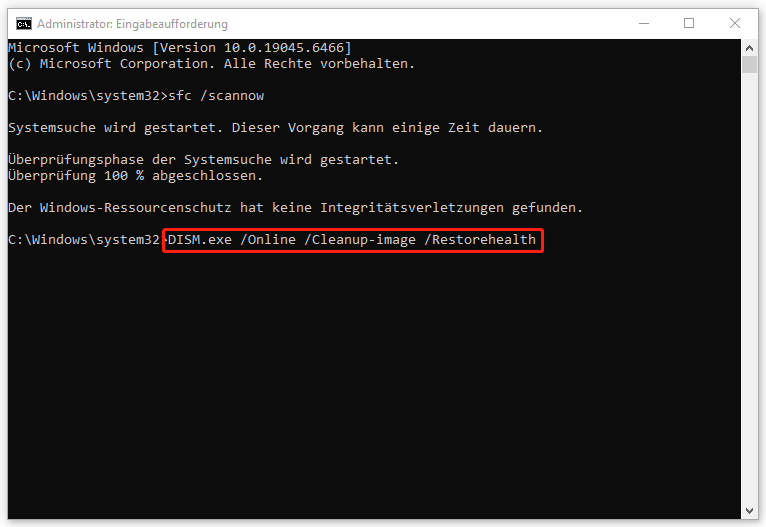 Markierung des Befehls DISM.exe /Online /Cleanup-image /Restorehealth im Befehlsfenster.
