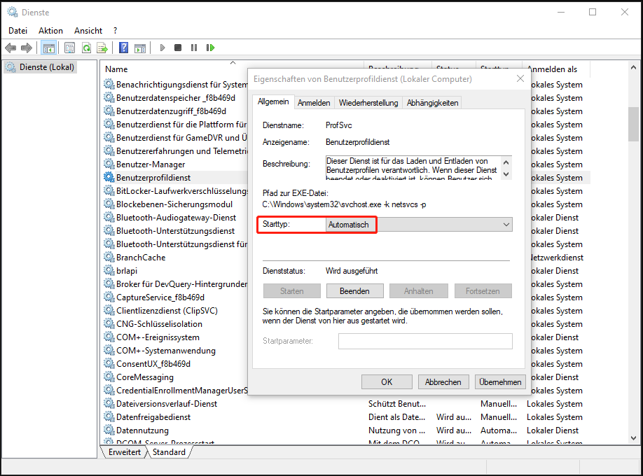 Auswahl von Automatisch aus dem Dropdown-Menü Starttyp für den Benutzerprofildienst.