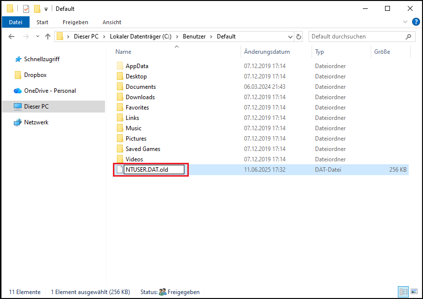 Anzeige des Umbenennens der NTUSER.DAT-Datei in NTUSER.DAT.old.