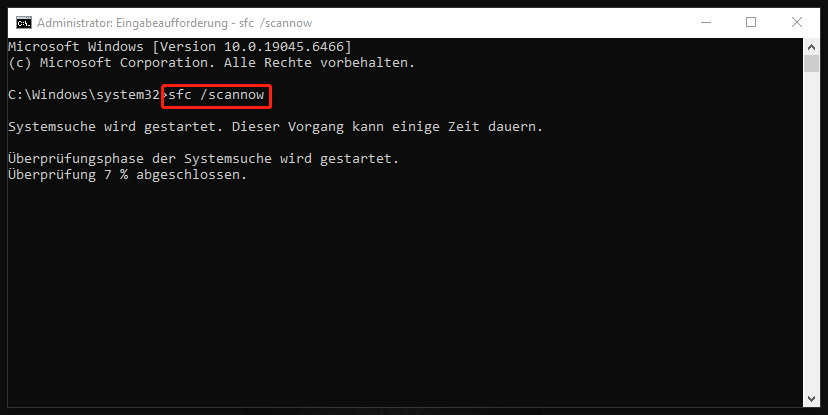 Fortschritt der Ausführung des Befehls sfc /scannow in der Eingabeaufforderung.