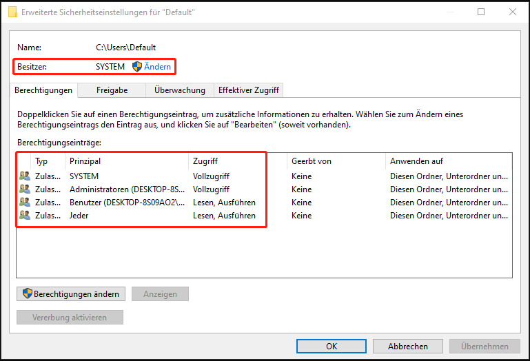 Anzeige der Standard-Profilberechtigungen unter Windows 10.