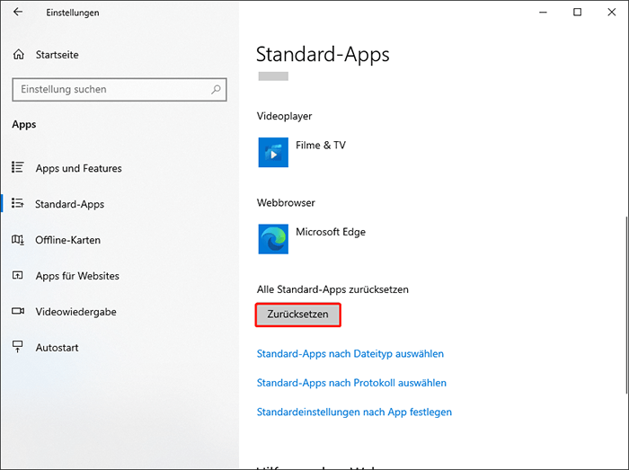 Scrollen Sie nach unten und klicken Sie auf die Schaltfläche Zurücksetzen auf die von Microsoft empfohlenen Standardwerte.