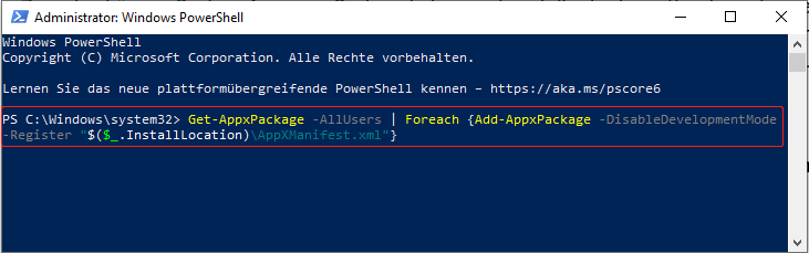 Den Befehl in PowerShell eingeben