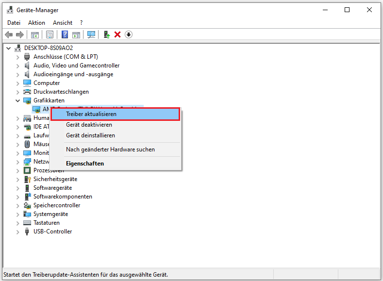 im Geräte-Manager auf den problematischen Treiber rechtsklicken und „Treiber aktualisieren“ wählen