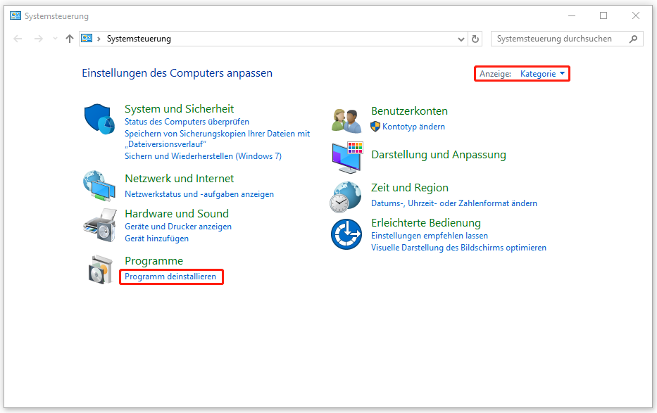 in der Systemsteuerung auf „Programm deinstallieren“ klicken