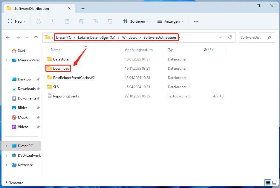C:\Windows\SoftwareDistribution\Download im Datei-Explorer öffnen