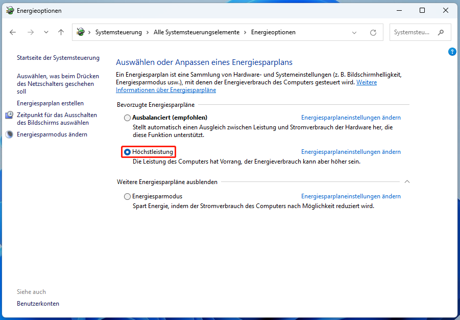 Energiesparplan in der Systemsteuerung auf „Höchstleistung“ ändern