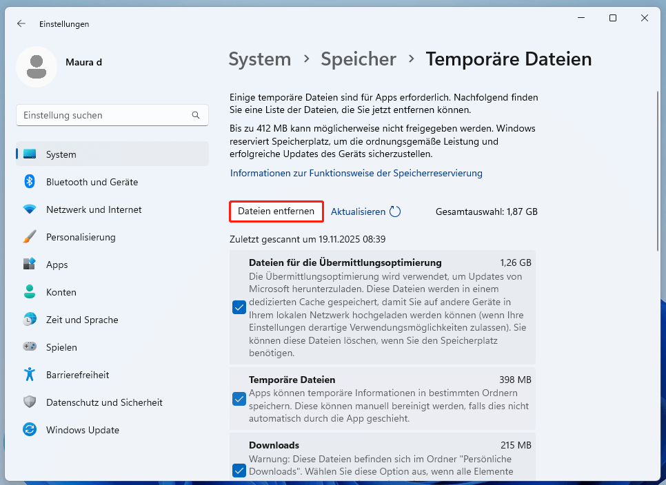 temporäre Dateien über die Einstellungen löschen und auf „Dateien entfernen“ klicken