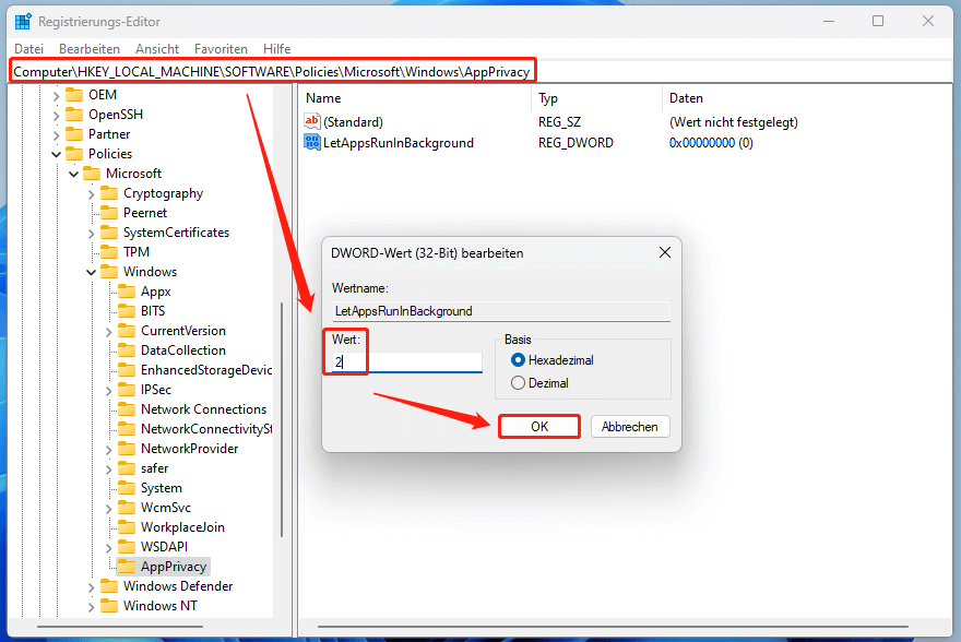 Wert von „LetAppsRunInBackground“ im Registrierungs-Editor auf „2“ setzen