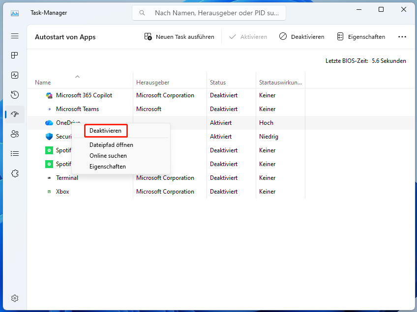 im Task-Manager auf Autostartapps rechtsklicken und „Deaktivieren“ wählen