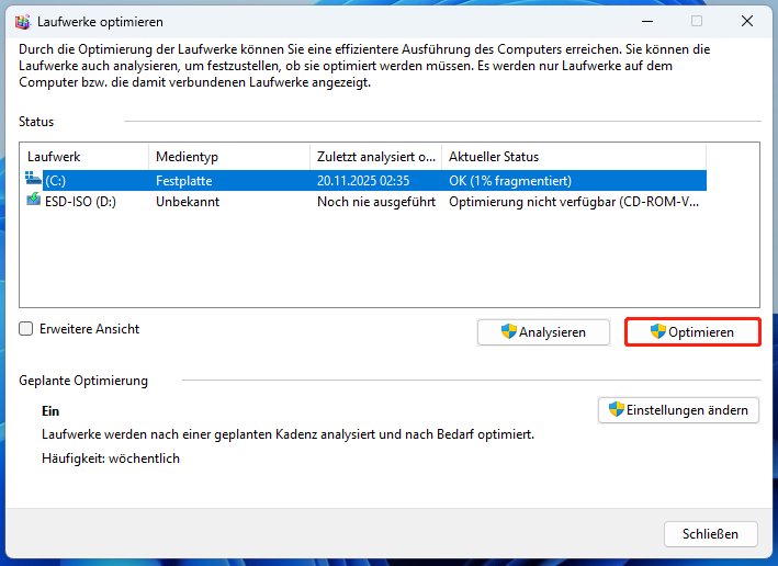Laufwerk C zur Defragmentierung auswählen und auf „Optimieren“ klicken