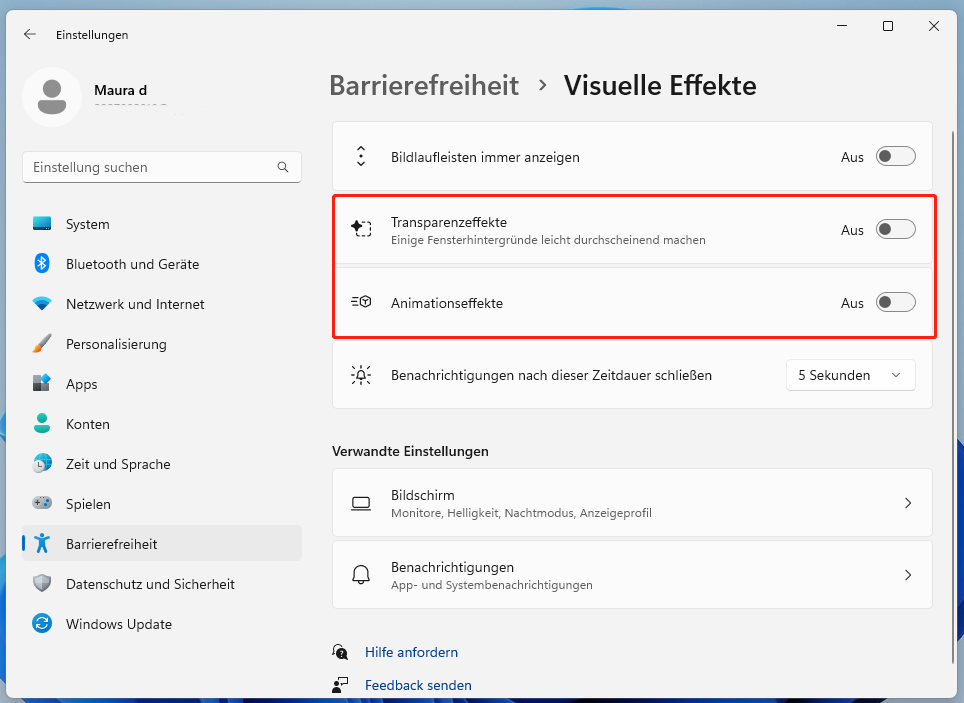 „Transparenzeffekte“ und „Animationseffekte“ in den Einstellungen deaktivieren