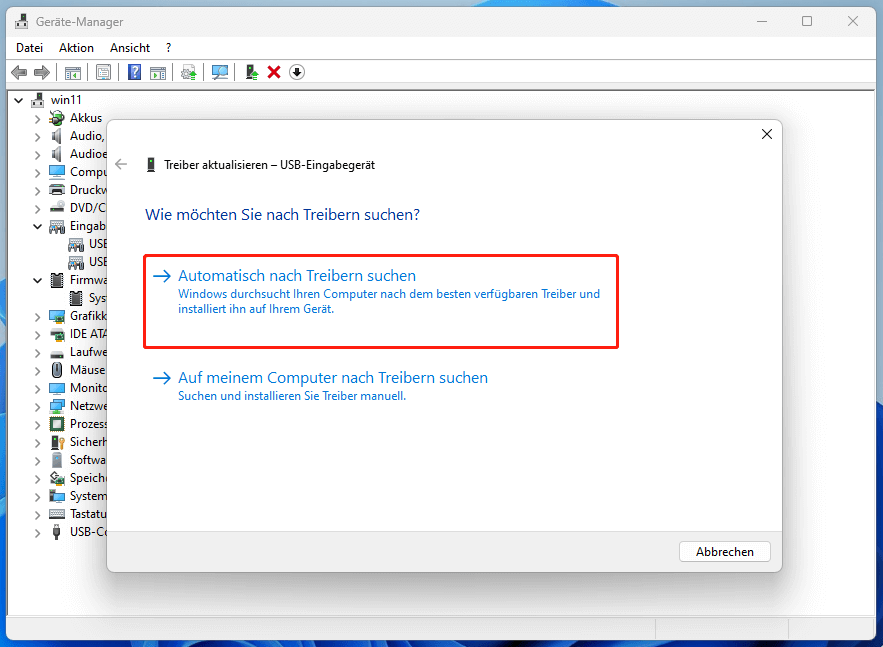 Zur Aktualisierung des Treibers im Geräte-Manager auf „Automatisch nach Treibern suchen“ klicken