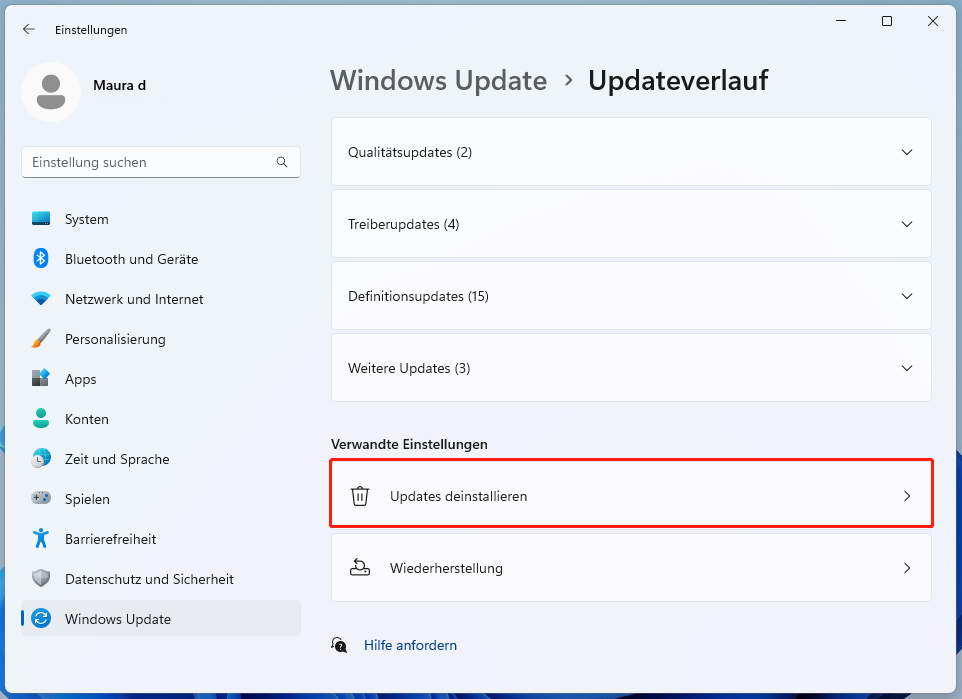 in den Windows-Einstellungen auf „Updateverlauf“ und dann auf „Updates deinstallieren“ klicken
