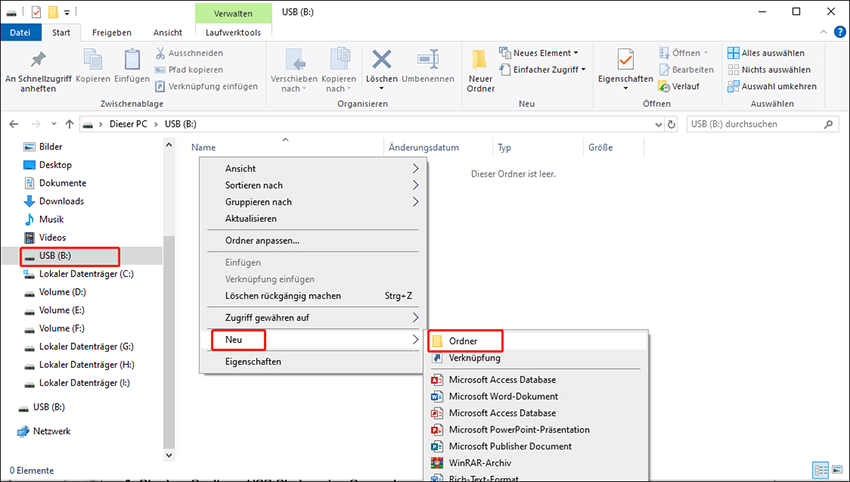 Klicken Sie mit der rechten Maustaste auf eine freie Fläche. Wählen Sie dann Neu > Ordner, um eine neue Kategorie zu erstellen.