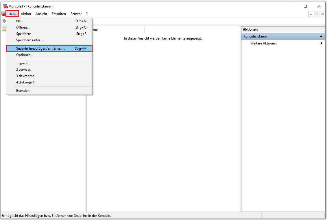 Option „Snap-In hinzufügen/entfernen“ im Fenster „Konsole“ wählen