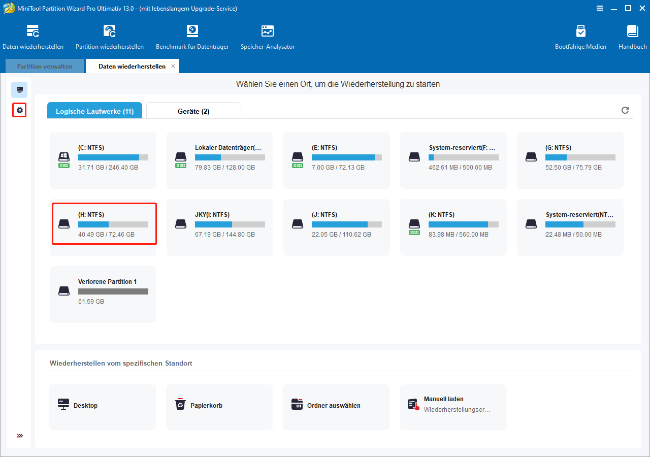 Anzeigen der Funktion Einstellungen in MiniTool Partition Wizard.