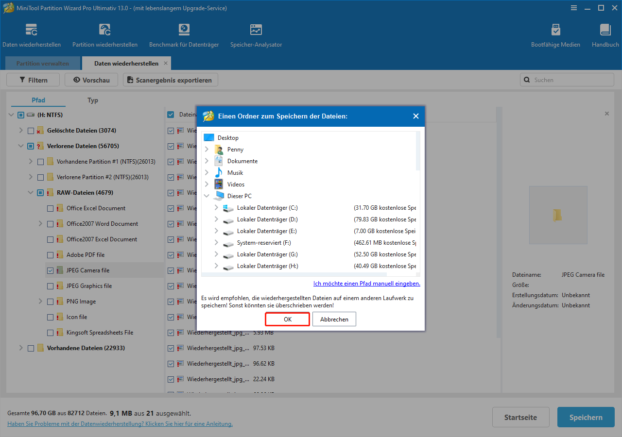Auswahl eines Speicherorts zum Speichern der wiederhergestellten Dateien in MiniTool Partition Wizard.
