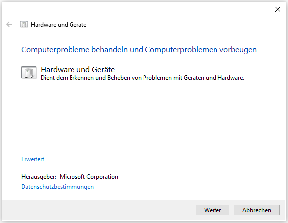 Die Schnittstelle von Problembehandlung für Hardware und Geräte