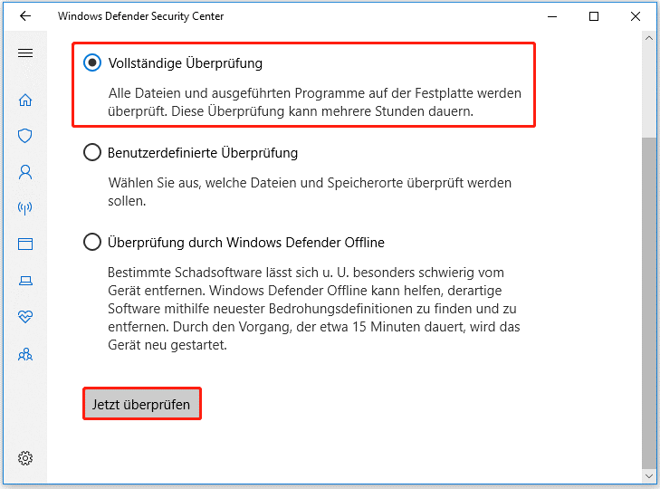 Auswahl der Option Vollständige Überprüfung in der Windows Sicherheit