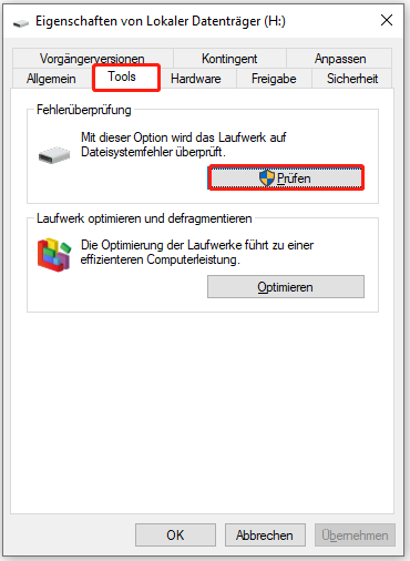 Klick auf Prüfen unter Tools in den Eigenschaften.