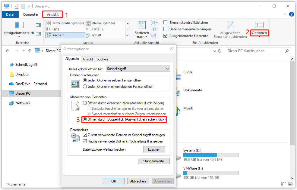 Option „Öffnen durch Doppelklick (Auswahl d. einfachen Klick)“ im Fenster „Ordneroptionen“ auswählen