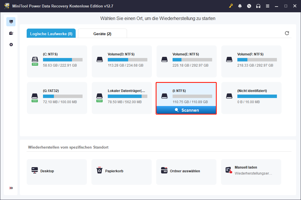 Auswahl der Zielpartition zum Scannen in MiniTool Power Data Recovery