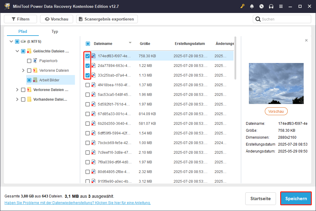 Speichern der markierten Dateien in MiniTool Power Data Recovery