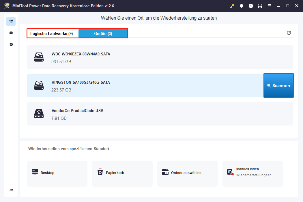 Scannen Sie die Festplatte unter Geräte in MiniTool Power Data Recovery