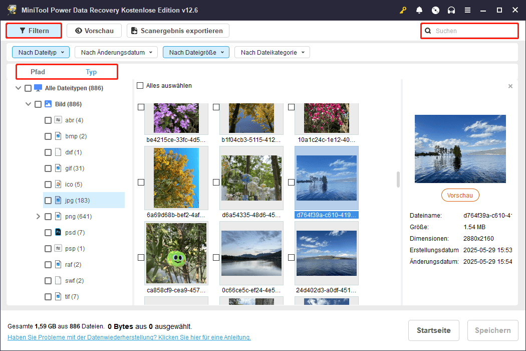 Verwenden Sie Pfad, Typ, Filter und Suche, um gewünschte Dateien in MiniTool Power Data Recovery zu finden