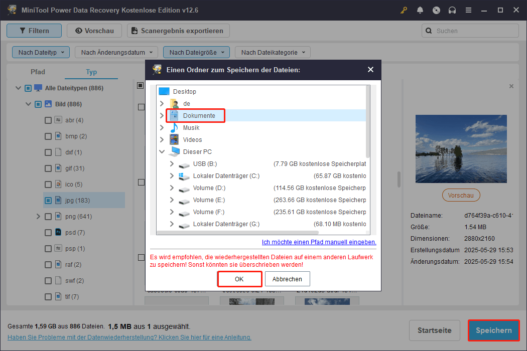 Speichern Sie wiederhergestellte Dateien in MiniTool Power Data Recovery