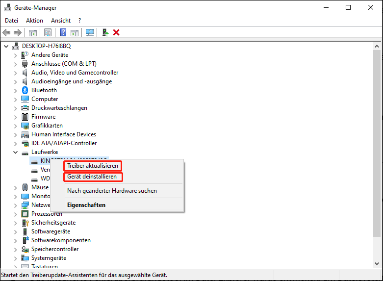 Aktualisieren oder deinstallieren Sie den Festplattentreiber in Geräte-Manager