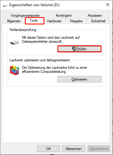 Überprüfen Sie das Laufwerk auf Dateisystemfehler in den Laufwerkseigenschaften