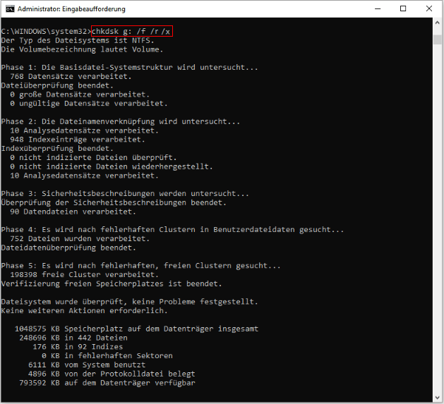 Verwenden Sie CHKDSK, um Dateisystemfehler auf dem Laufwerk G in der Eingabeaufforderung zu scannen und zu reparieren