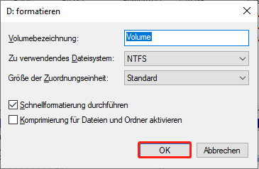 Formatieren Sie das Laufwerk in der Datenträgerverwaltung