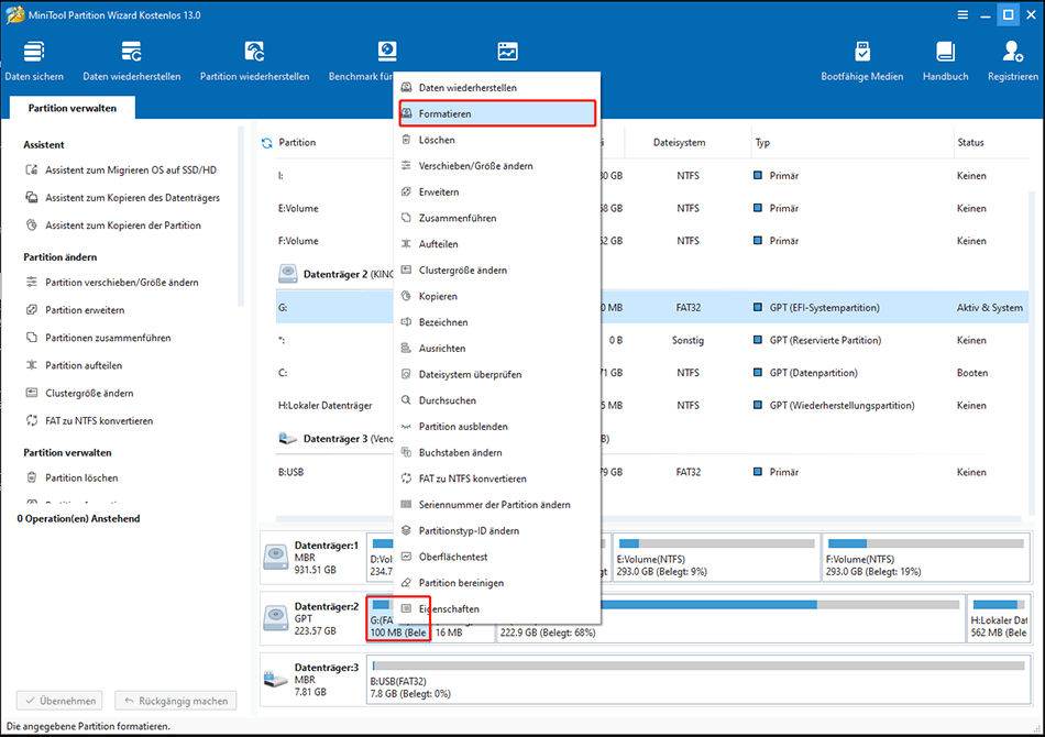 Formatieren Sie die ausgewählte Partition im MiniTool Partition Wizard