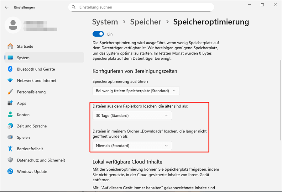 Festlegen der Bereinigungszeiten für temporäre Dateien im Papierkorb und Downloads-Ordner