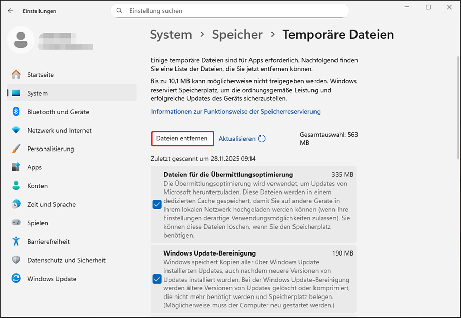 Liste der temporären Dateien anzeigen, Dateien auswählen und entfernen