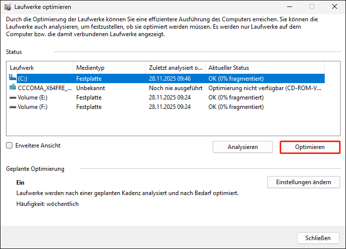Auswahl des zu optimierenden Laufwerks und Optimieren starten